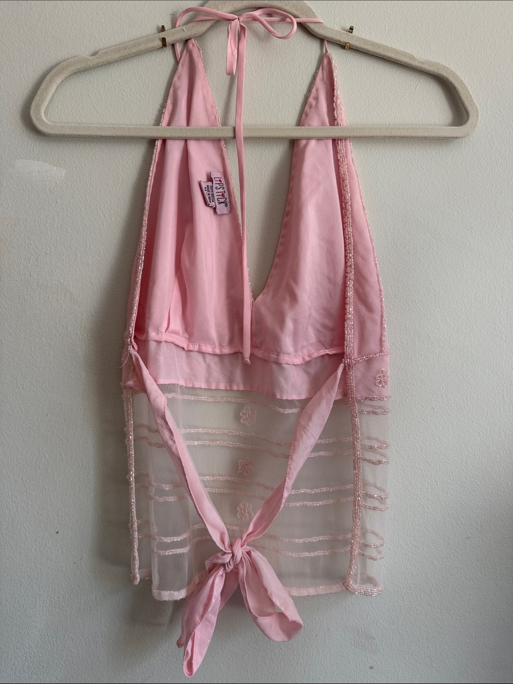 Lipstick Boutique Pink Beaded Sheer Halter Lace-Trim Camisole - Picture 3 of 5